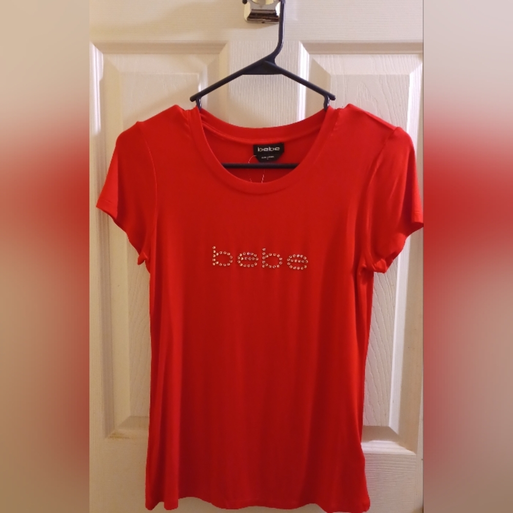 Bebe Short Sleeve Tee with Swavorski Crystals Logo NWT